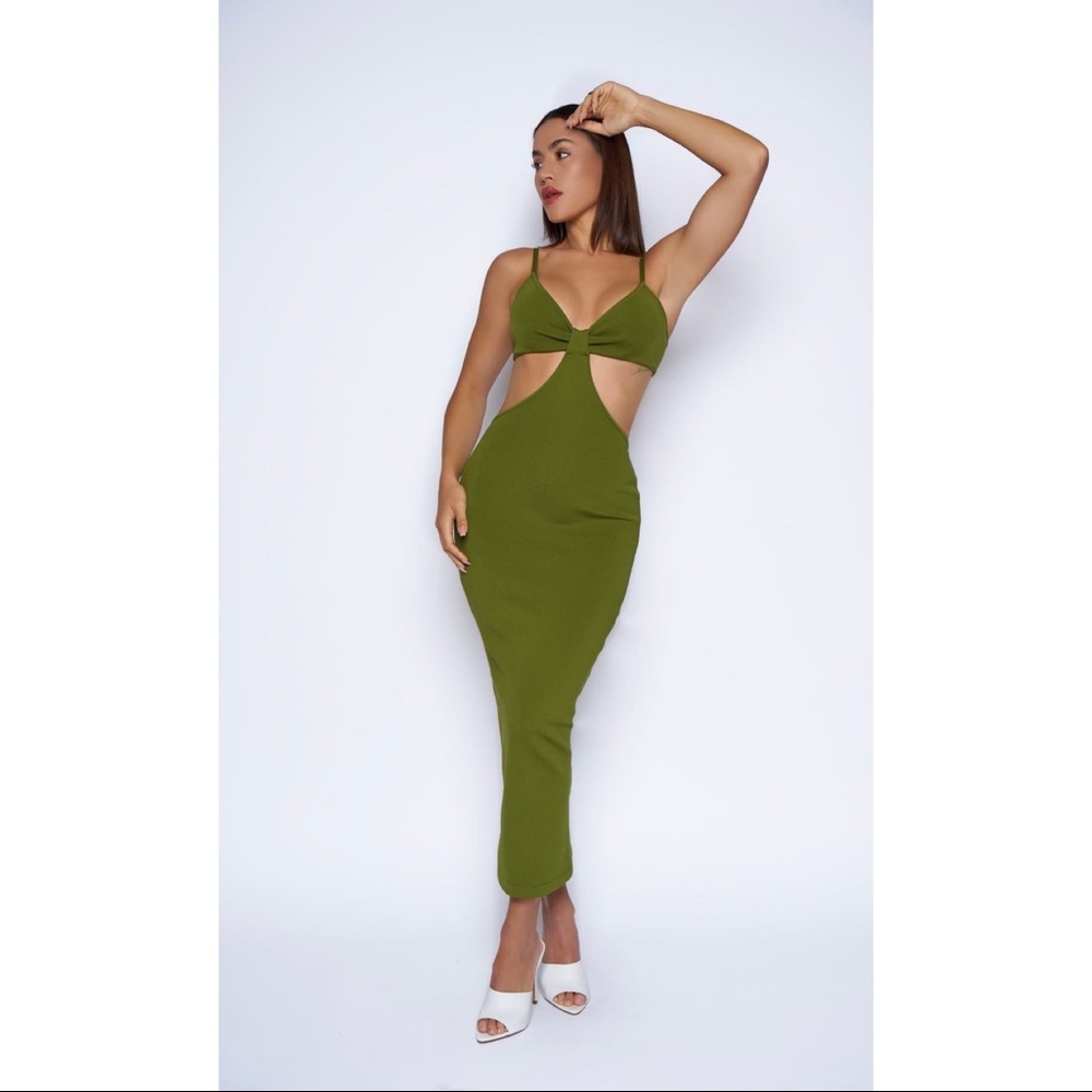 NWOT SEXY CUTOUT SPAGHETTI STRAP BOWKNOT FRONT BANDAGE MAXI DRESS - OLIVE